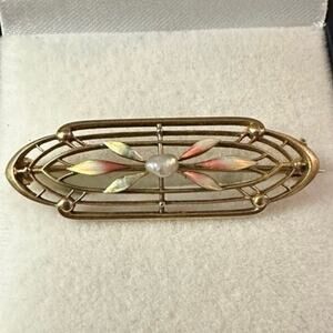 Antique 14k Krementz Art Nouveau Gold Iridescent Enamel Seed Pearl Brooch Pin